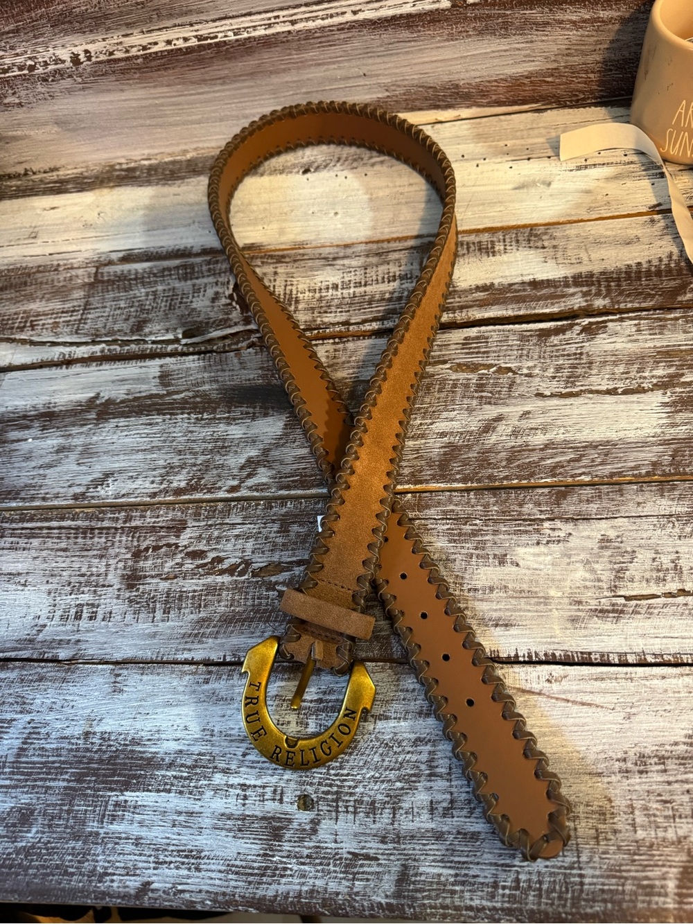 True Religion Brown Leather Belt with Brass Horseshoe Buckle